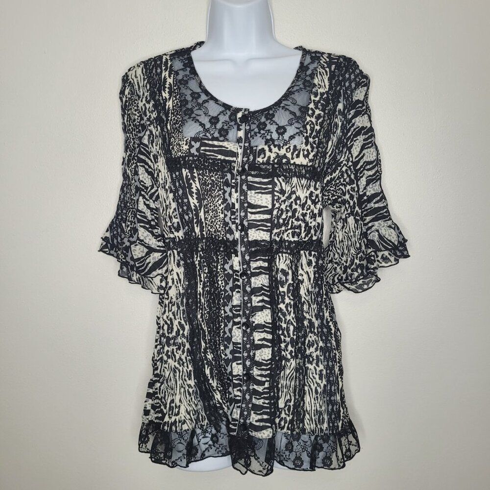 Larry Levine black white mixed print grunge lace abstract art to wear top large